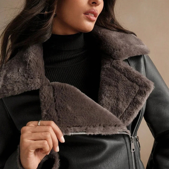 Black Casual Women's Faux Leather Composite Collar Jacket - Picture 2 of 7